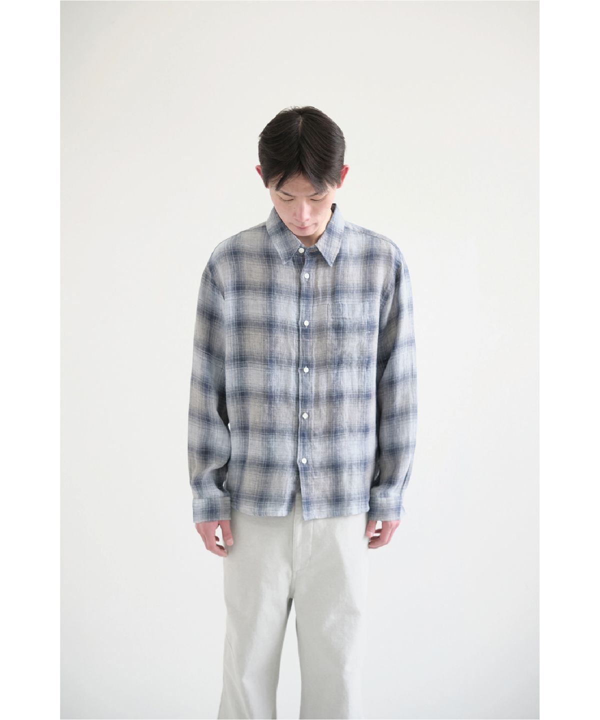 해칭룸(HATCHINGROOM) Museum Shirt Linen Check Blue/Grey