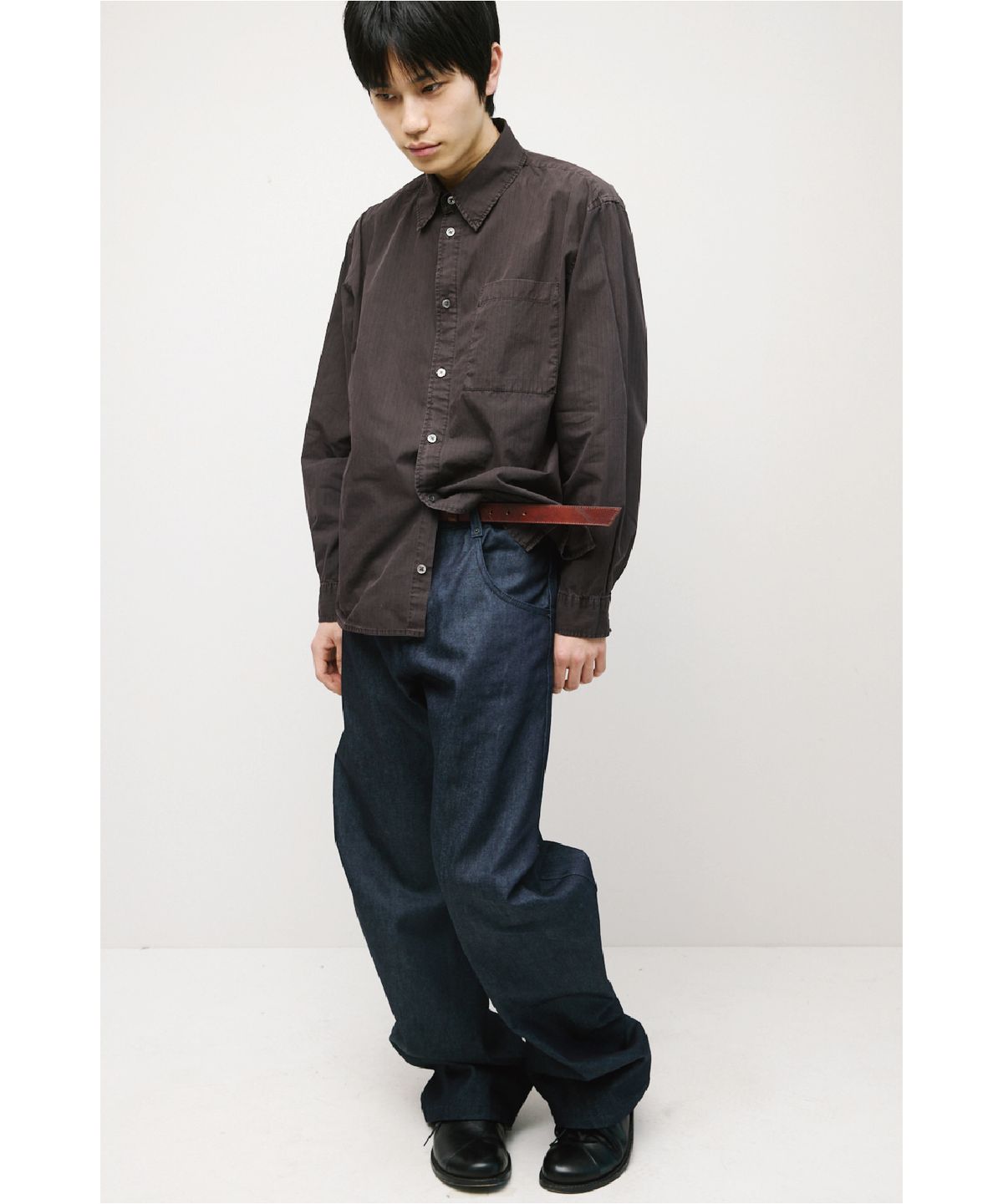 해칭룸(HATCHINGROOM) Museum Shirt Stripe Over Dyed Purple Brown