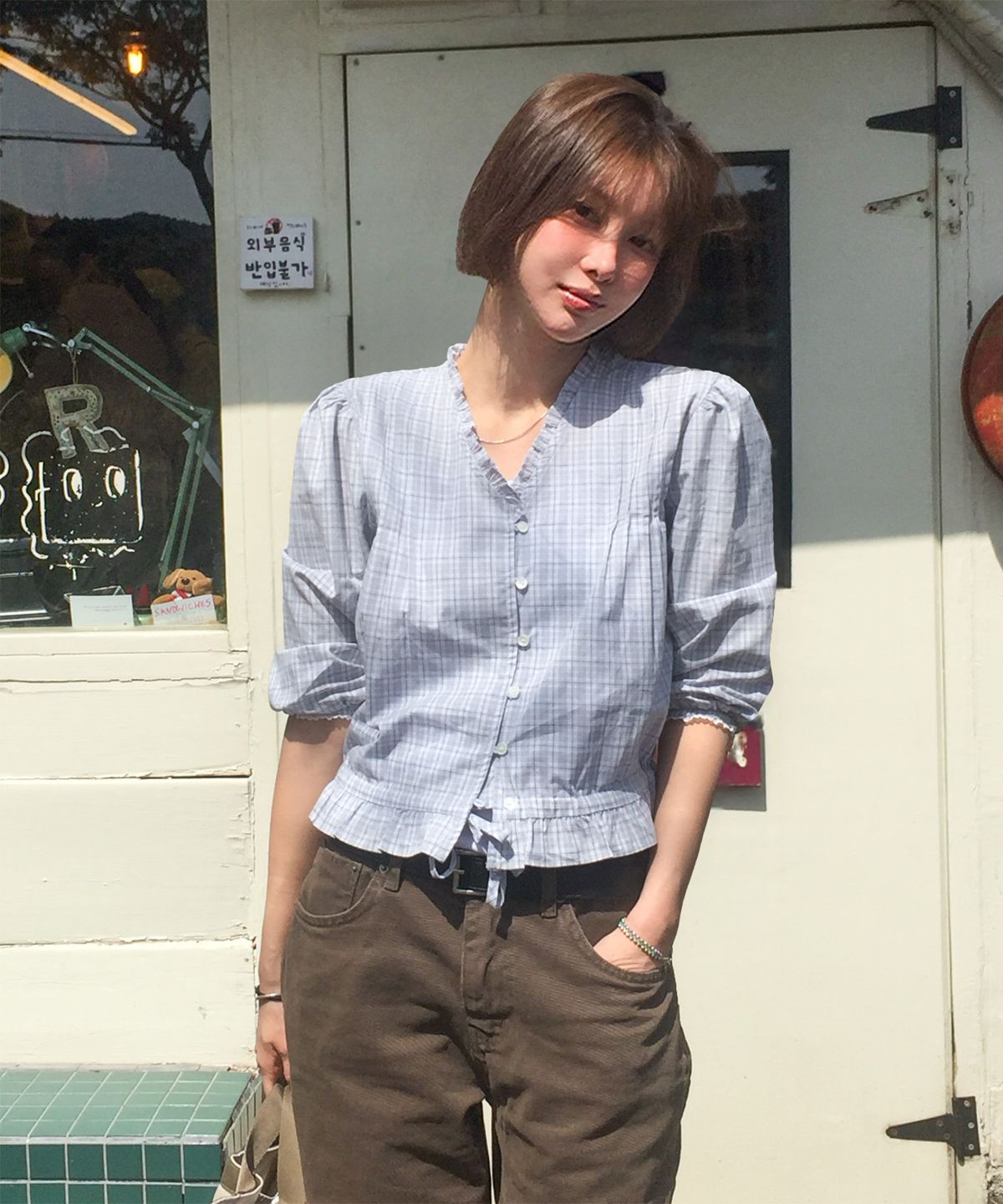 포에트서울(POETSEOUL) Bunny Frill Blouse_check blue