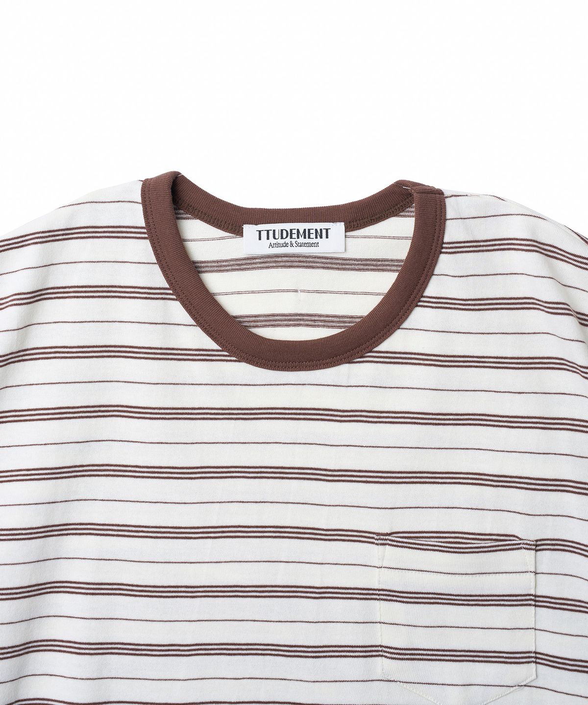 튜드먼트(TTUDEMENT) 50s EMBROIDERED STRIPED SEMI OVER FIT T-SHIRT_BROWN
