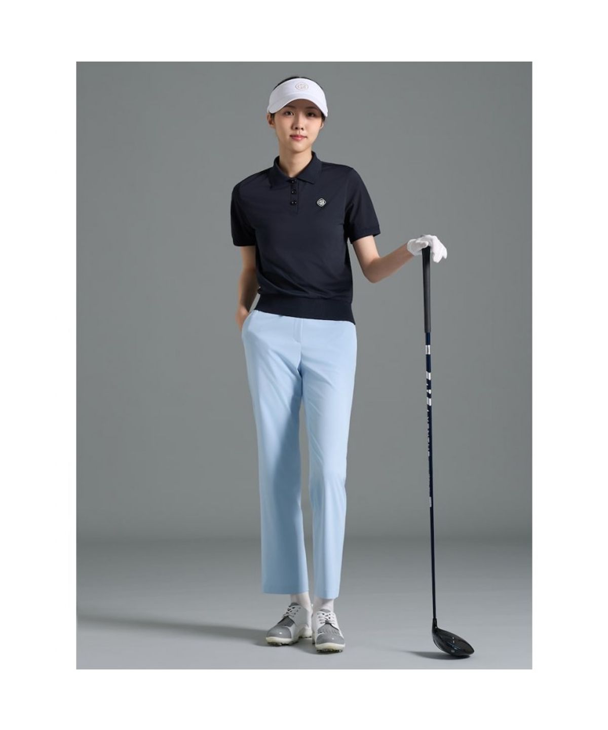 빈폴골프(BEANPOLE GOLF) 여성 로고 타공 칼라 반소매 티셔츠 - 네이비
