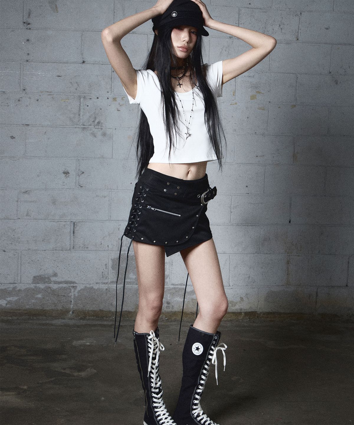 낫노잉(NOTKNOWING) Stud Lace-Up Wrap Skirt (BLACK)