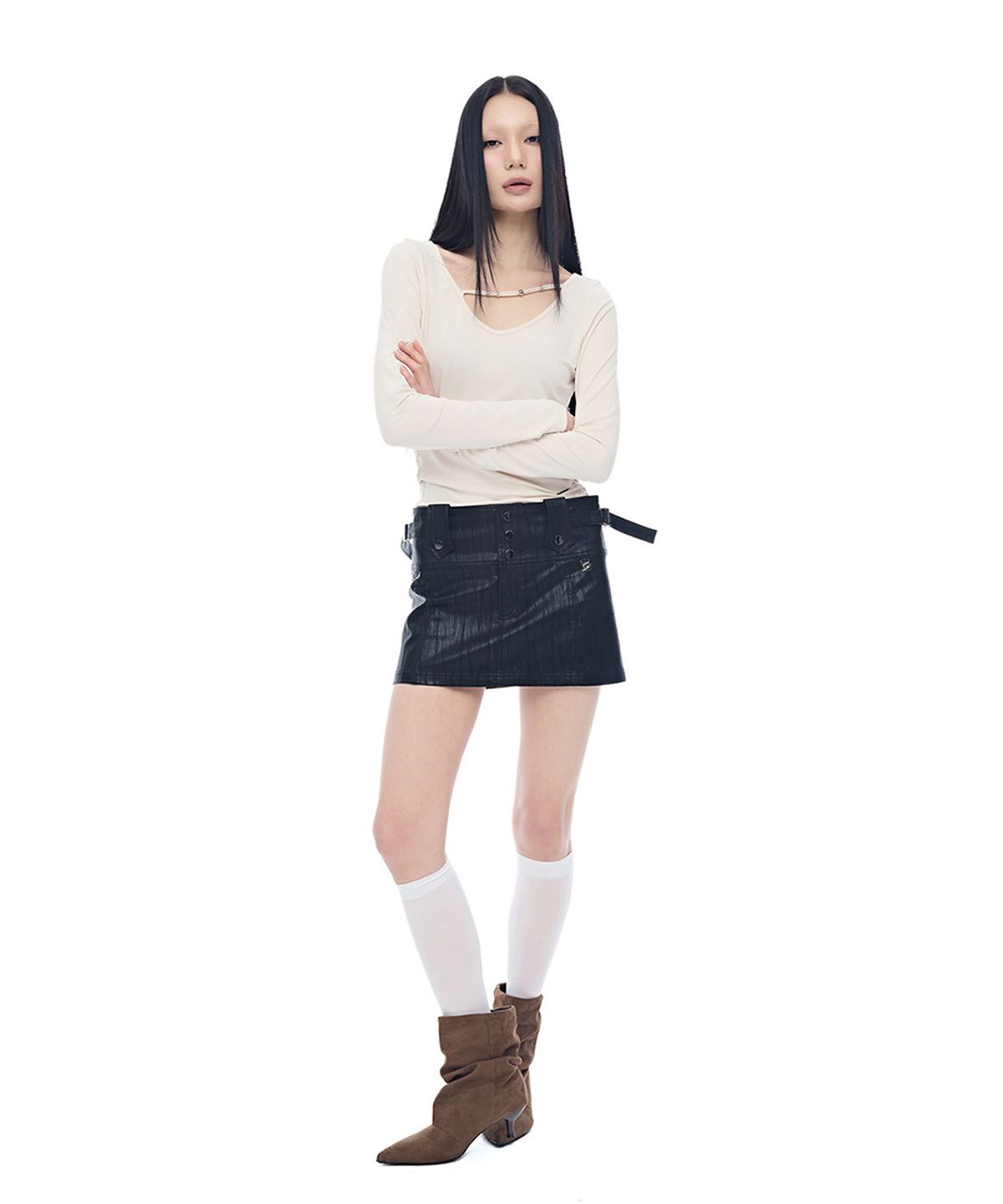 하프데빌어스(HALF DEVIL US) 레더 스트랩 미니 스커트_블랙