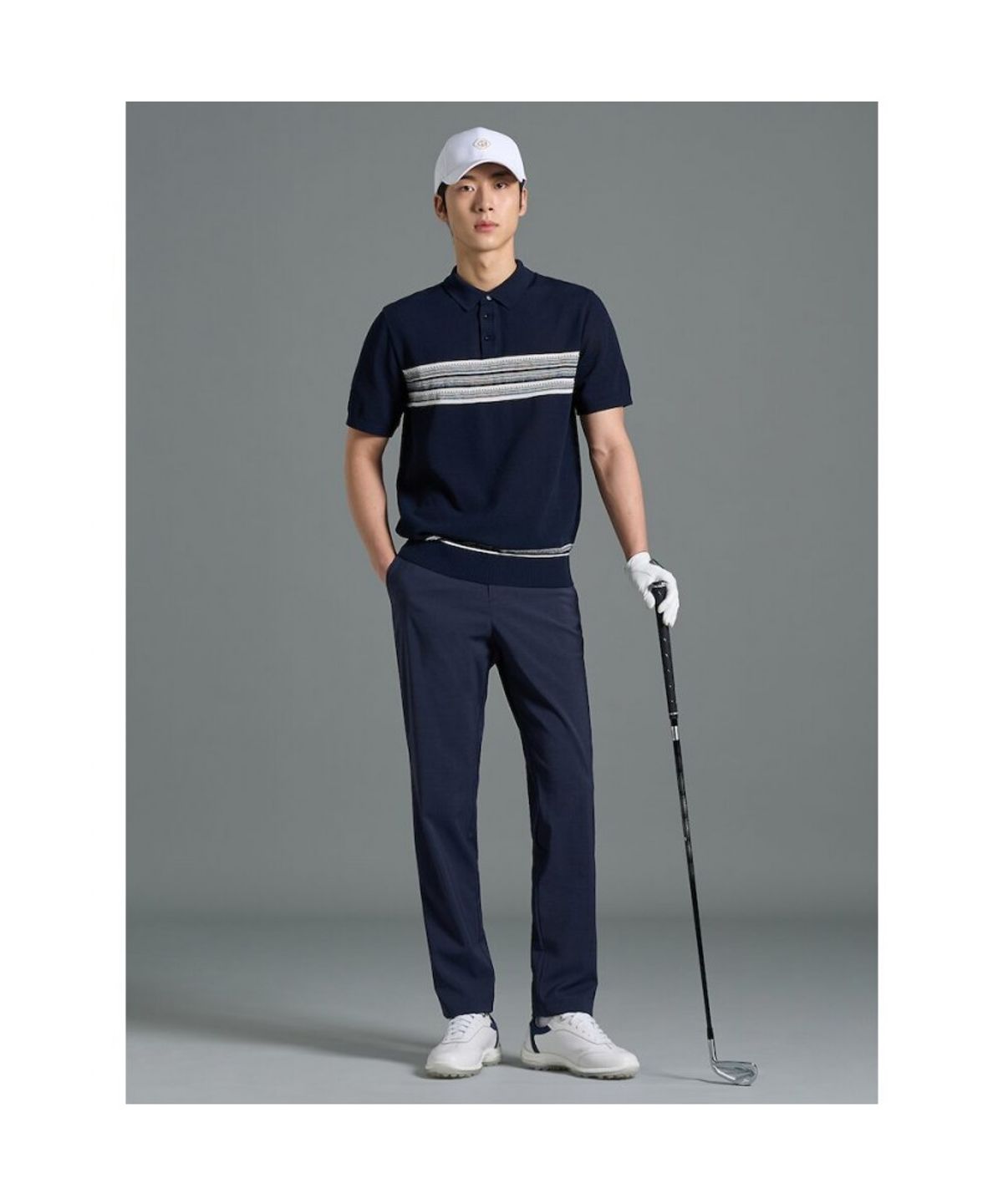 빈폴골프(BEANPOLE GOLF) 남성 반소매 스트라이프 텍스처 칼라 티셔츠 - 네이비