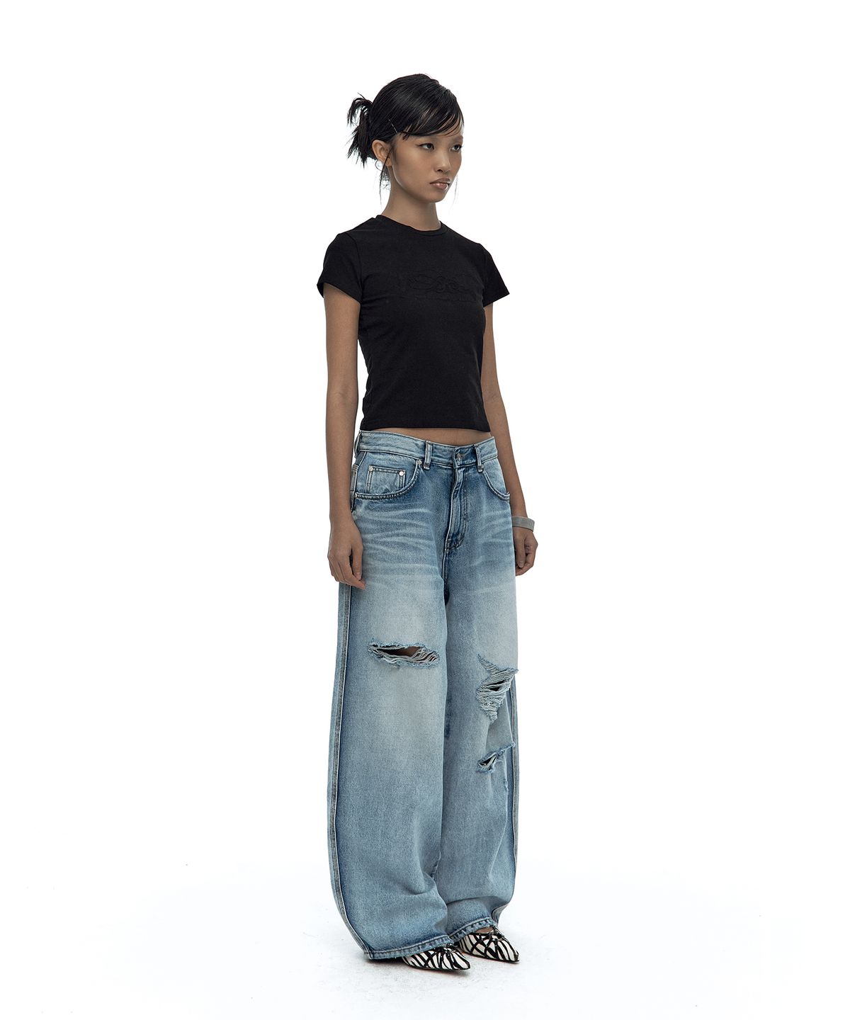 카시코(KASHIKO) Milk Ripped Wide Jeans Light Blue