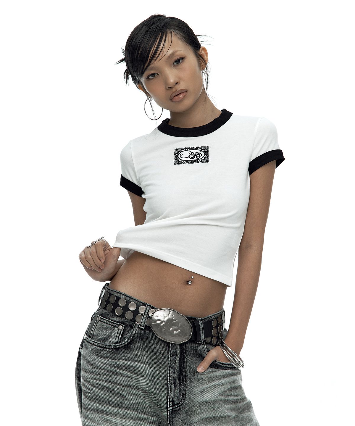 카시코(KASHIKO) Lace Embroidered Ringer Tee White