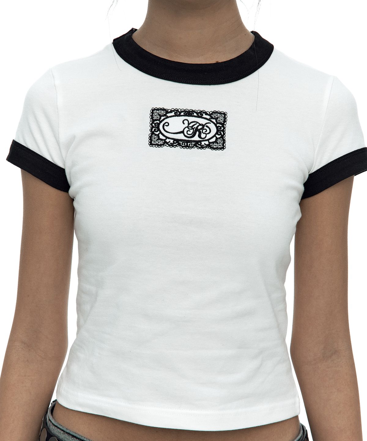카시코(KASHIKO) Lace Embroidered Ringer Tee White