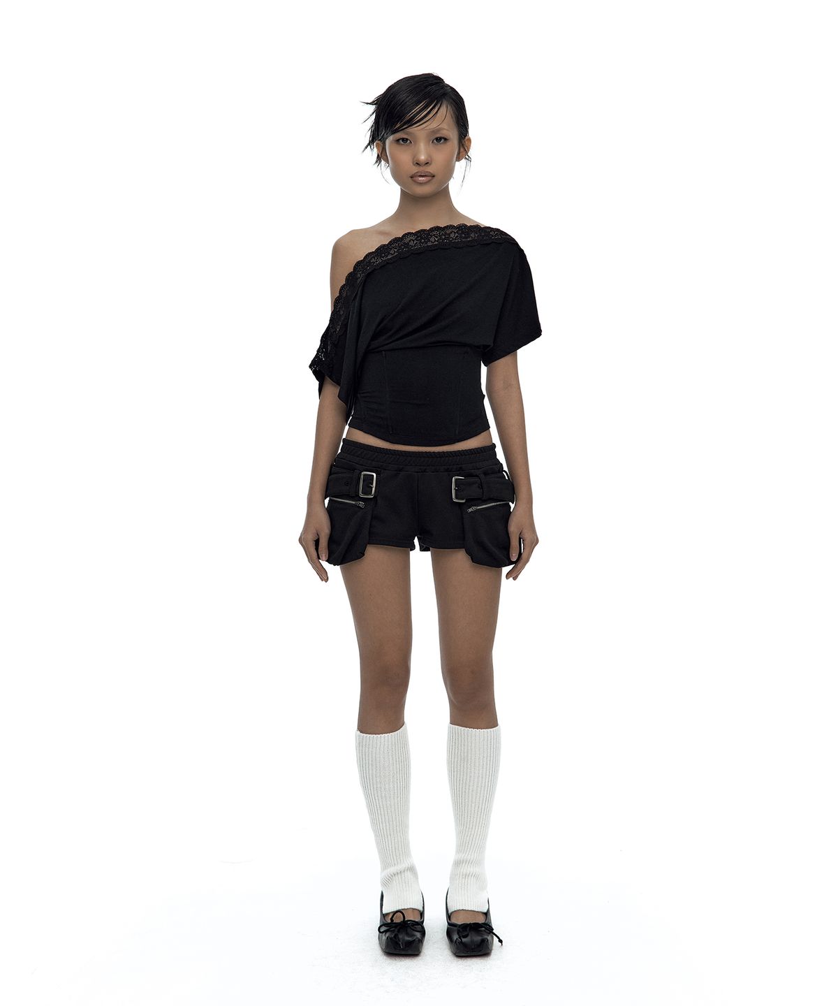 카시코(KASHIKO) Lace One Shoulder Corset Tee Black