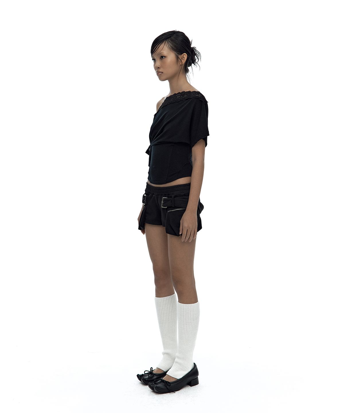 카시코(KASHIKO) Lace One Shoulder Corset Tee Black