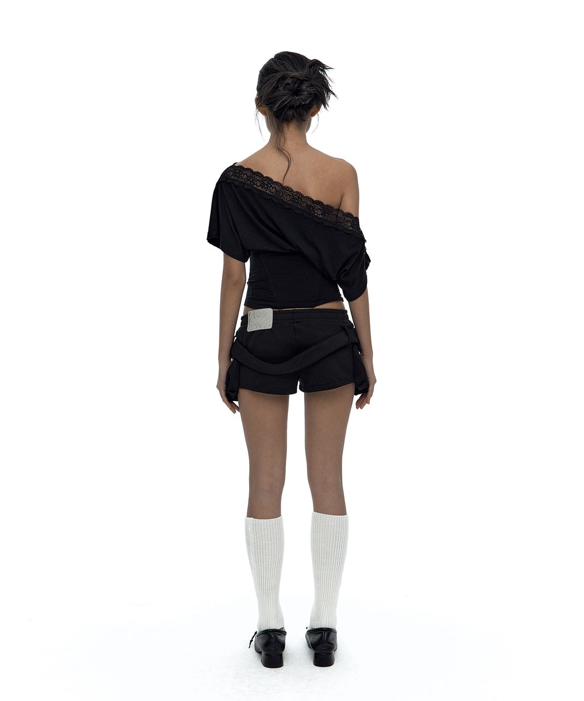카시코(KASHIKO) Lace One Shoulder Corset Tee Black