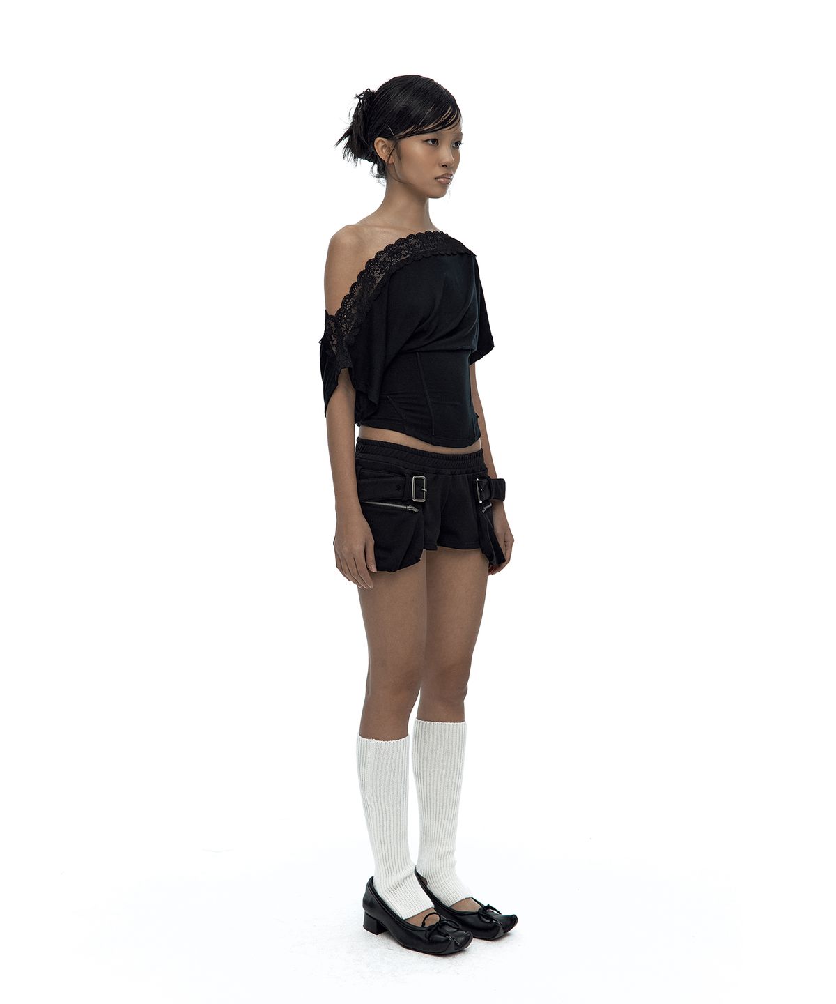 카시코(KASHIKO) Lace One Shoulder Corset Tee Black