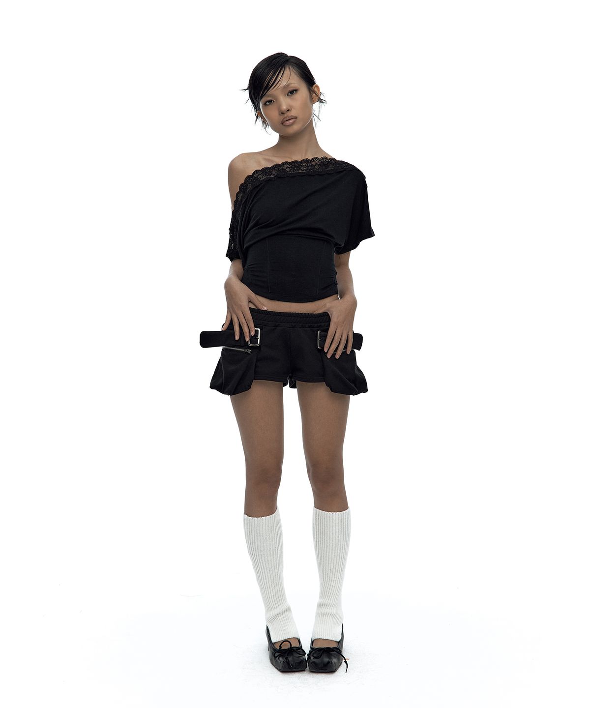 카시코(KASHIKO) Lace One Shoulder Corset Tee Black