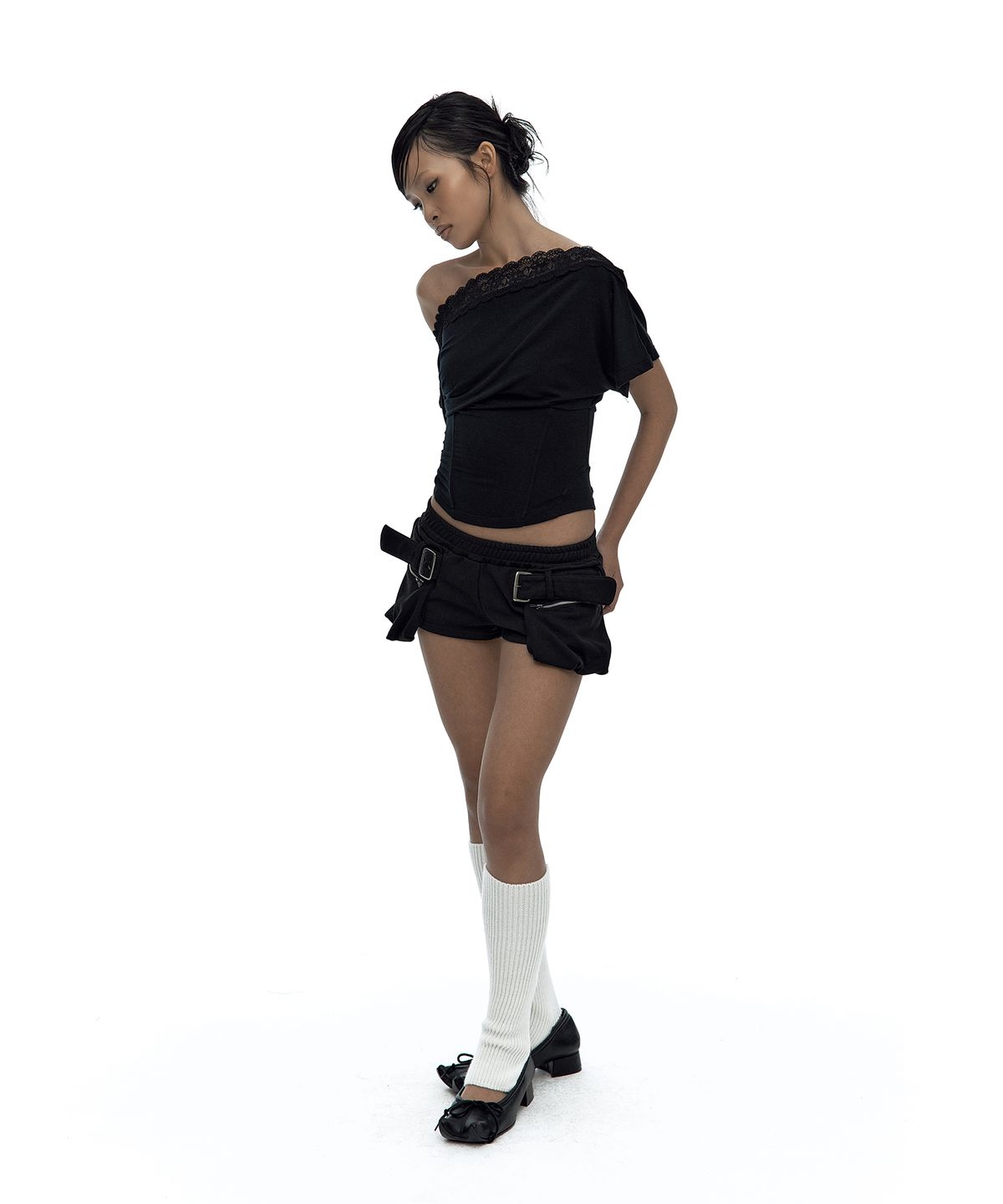 카시코(KASHIKO) Lace One Shoulder Corset Tee Black