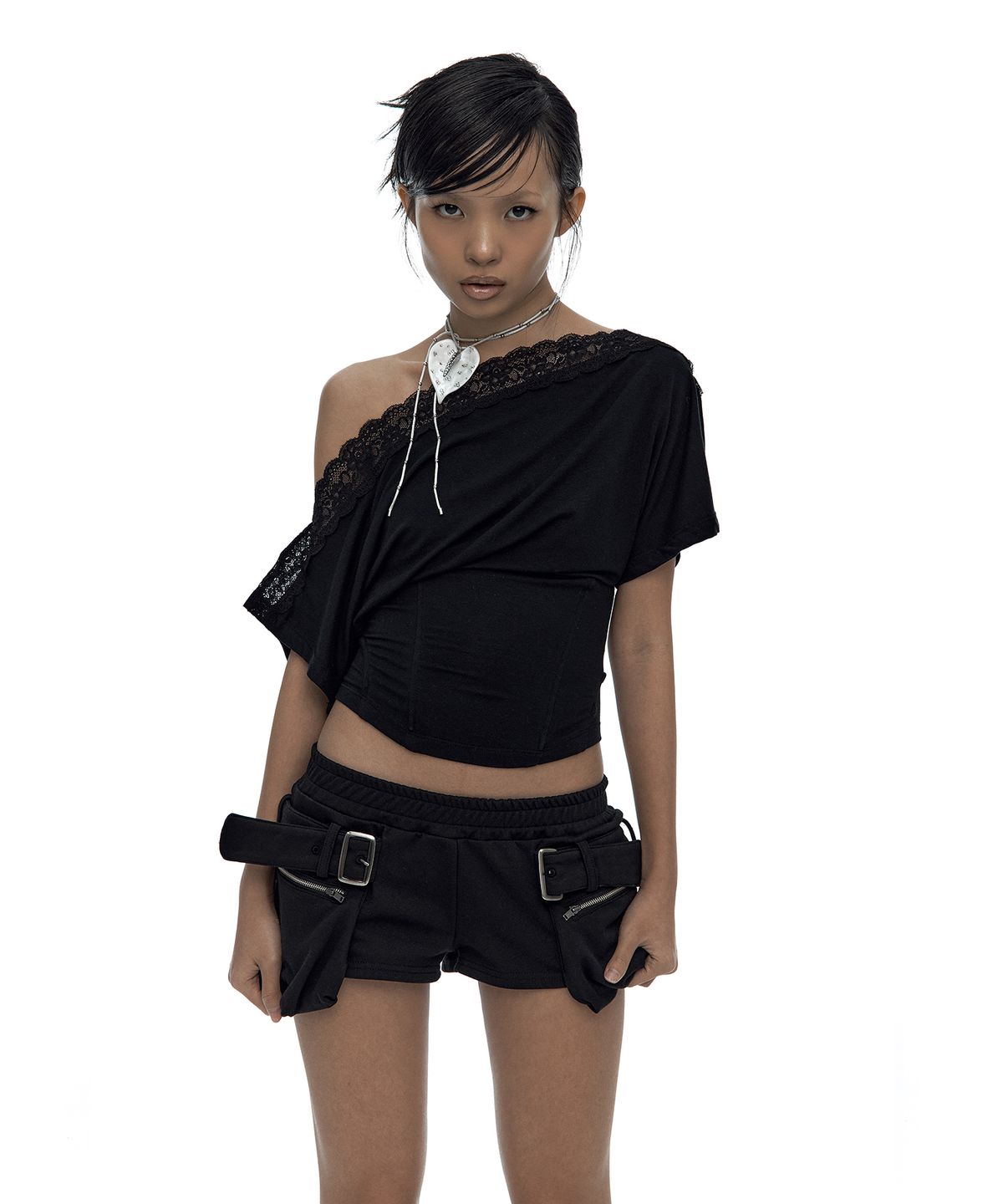 카시코(KASHIKO) Lace One Shoulder Corset Tee Black