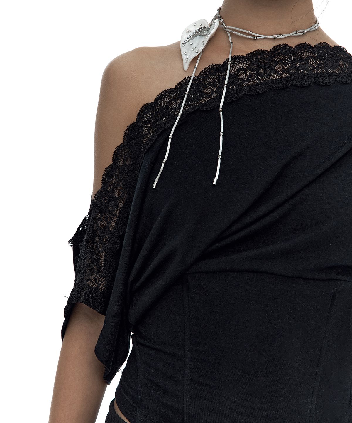카시코(KASHIKO) Lace One Shoulder Corset Tee Black