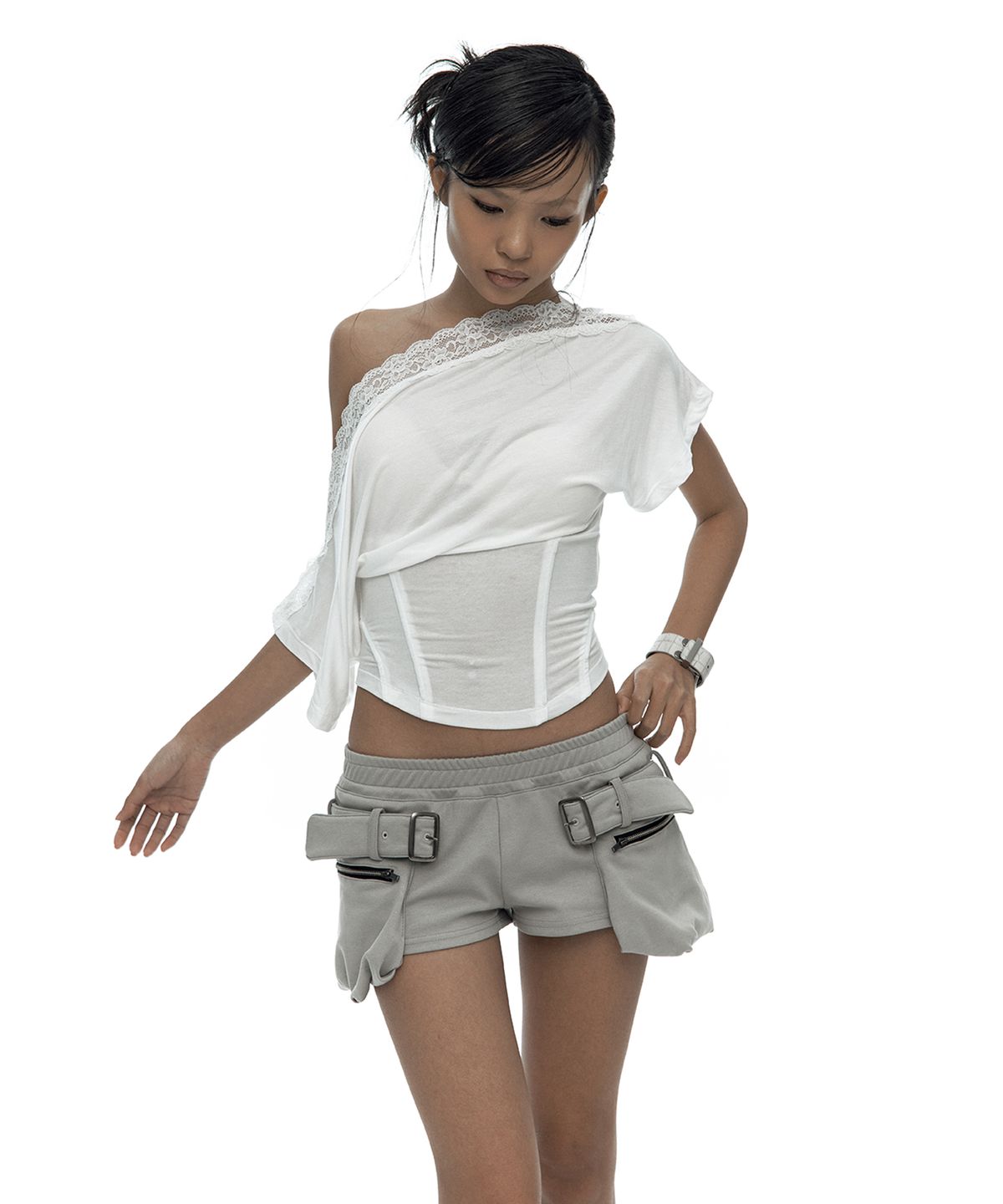 카시코(KASHIKO) Lace One Shoulder Corset Tee White