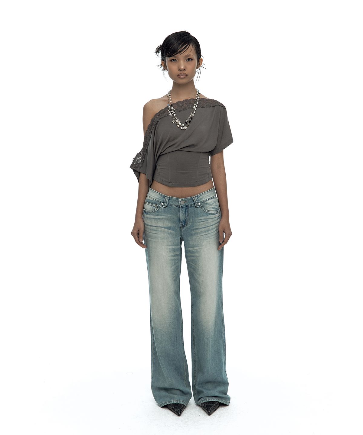 카시코(KASHIKO) Lace One Shoulder Corset Tee Charcoal
