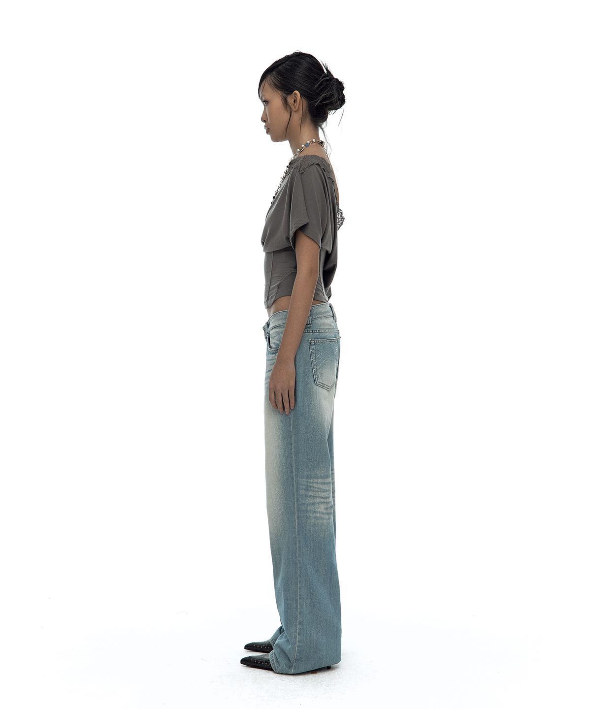 카시코(KASHIKO) Lace One Shoulder Corset Tee Charcoal