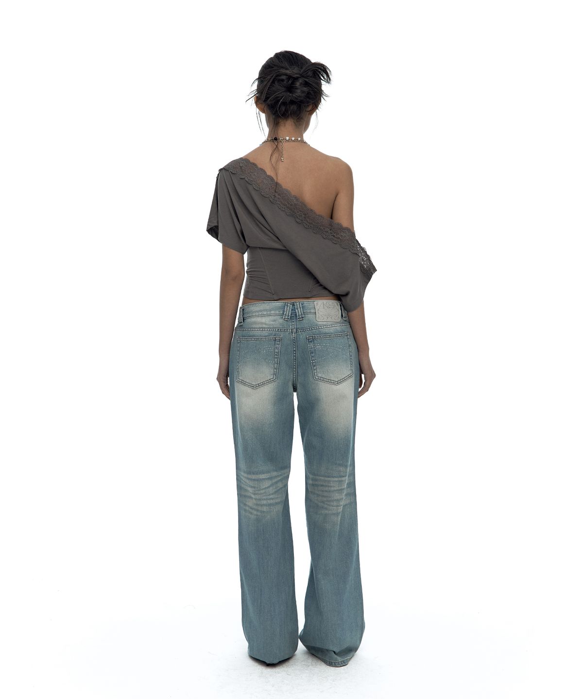 카시코(KASHIKO) Lace One Shoulder Corset Tee Charcoal