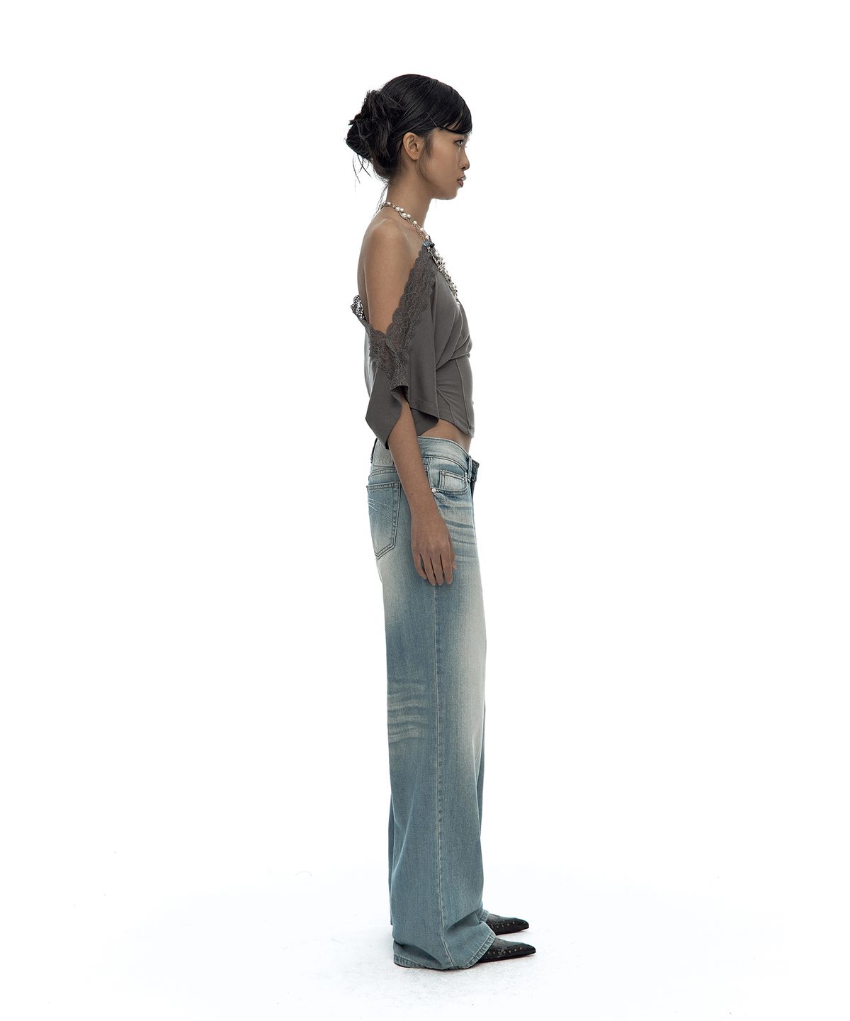 카시코(KASHIKO) Lace One Shoulder Corset Tee Charcoal