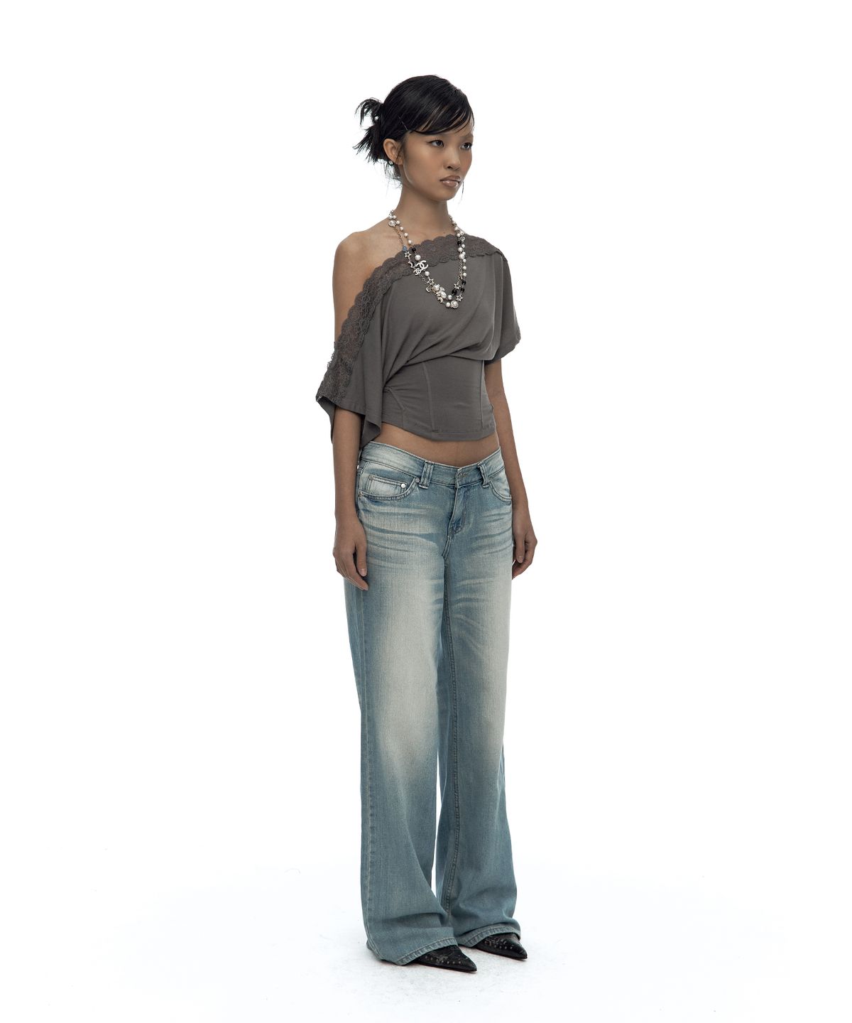 카시코(KASHIKO) Lace One Shoulder Corset Tee Charcoal