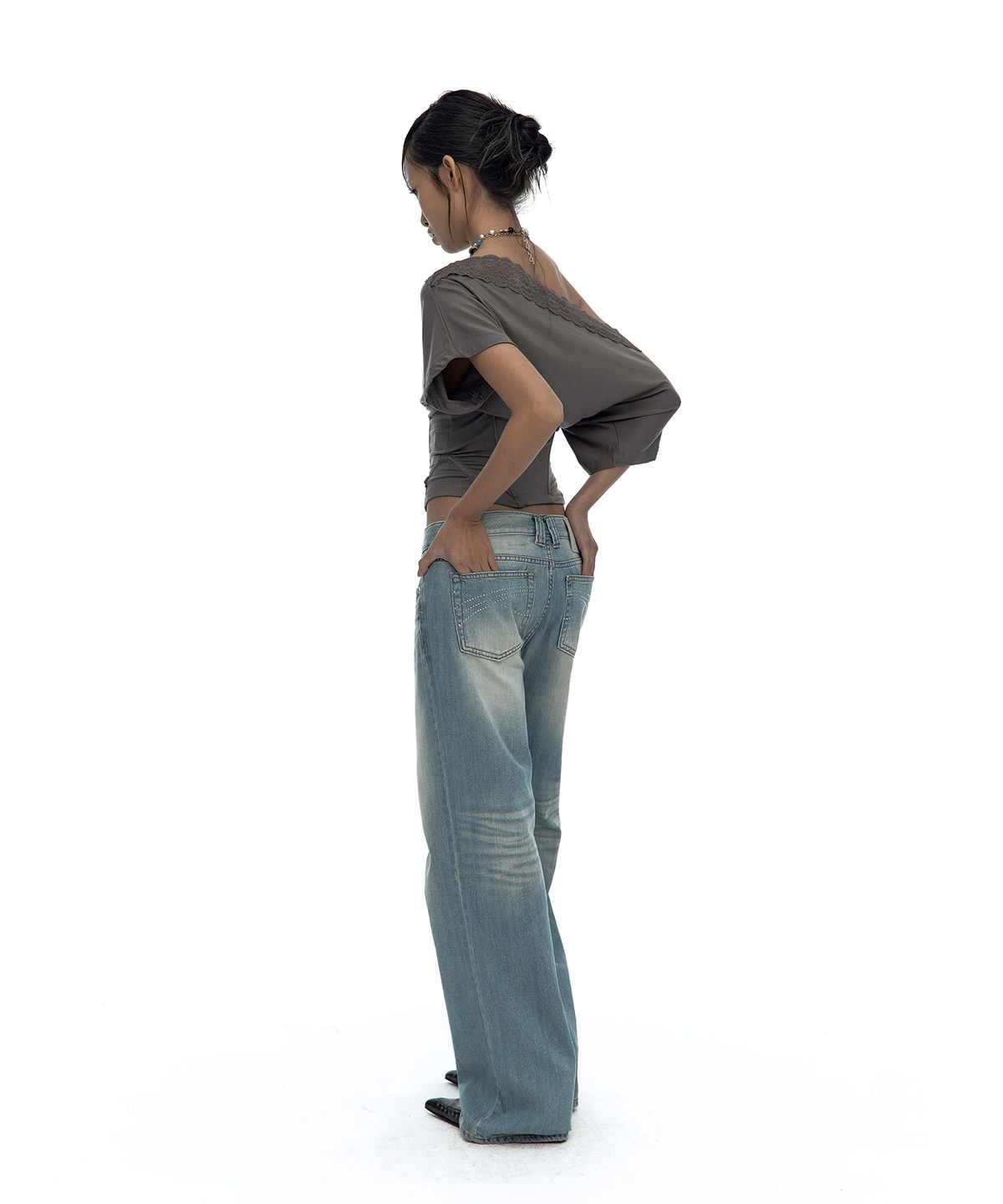카시코(KASHIKO) Lace One Shoulder Corset Tee Charcoal