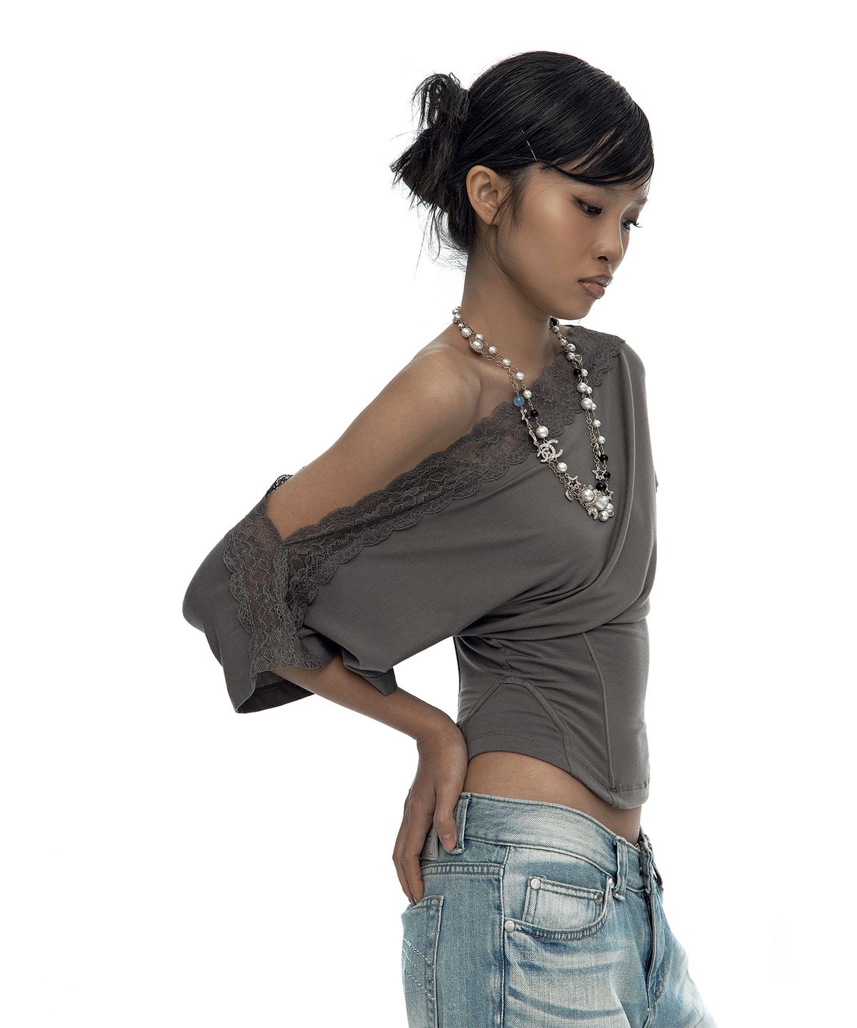 카시코(KASHIKO) Lace One Shoulder Corset Tee Charcoal