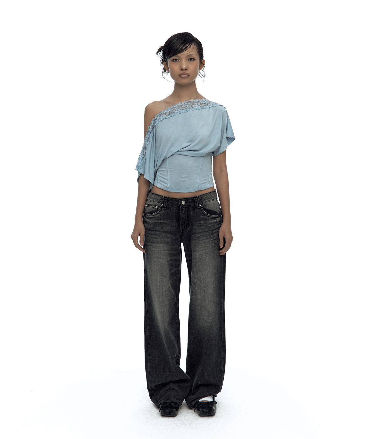카시코(KASHIKO) Lace One Shoulder Corset Tee Sky Blue