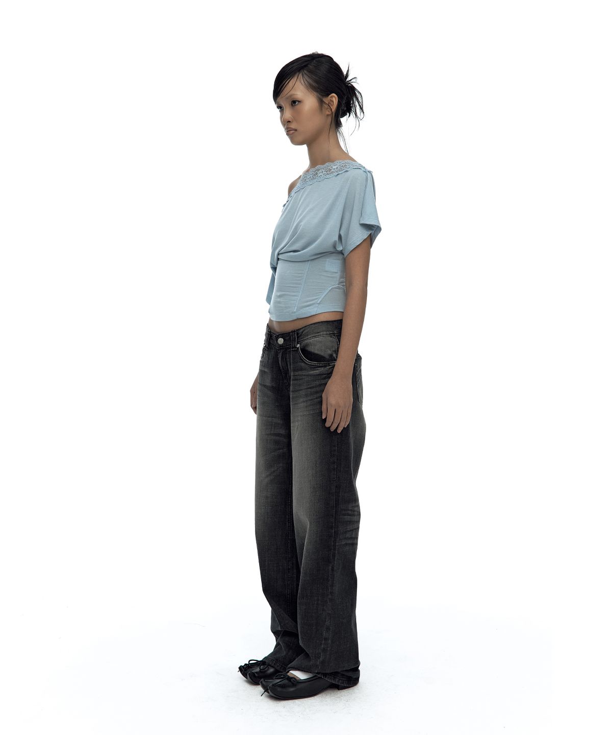 카시코(KASHIKO) Lace One Shoulder Corset Tee Sky Blue