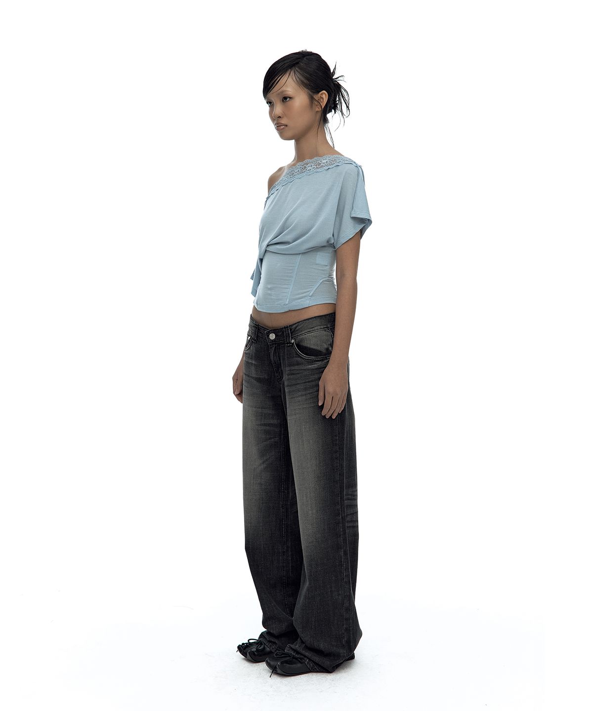 카시코(KASHIKO) Lace One Shoulder Corset Tee Sky Blue