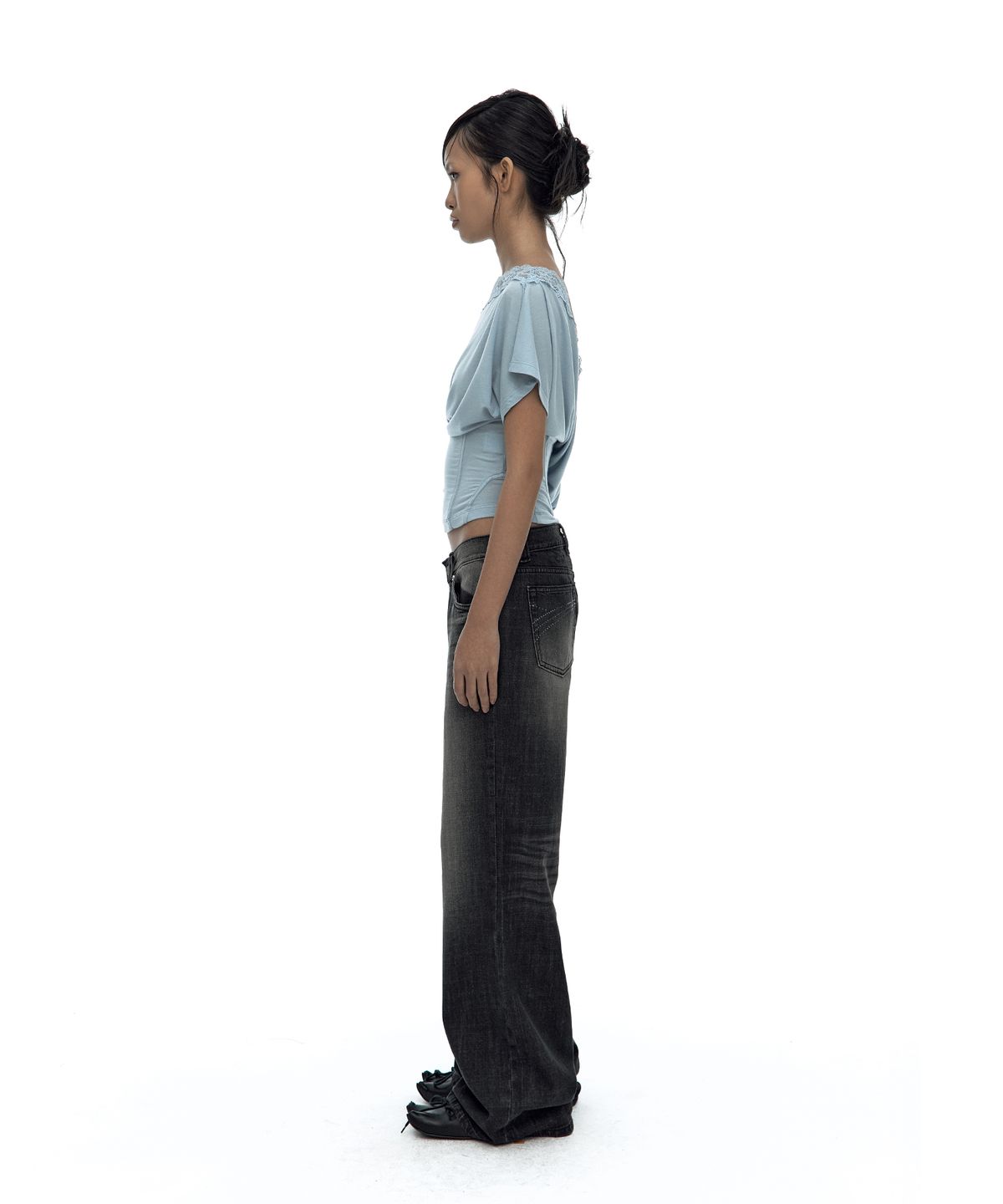 카시코(KASHIKO) Lace One Shoulder Corset Tee Sky Blue