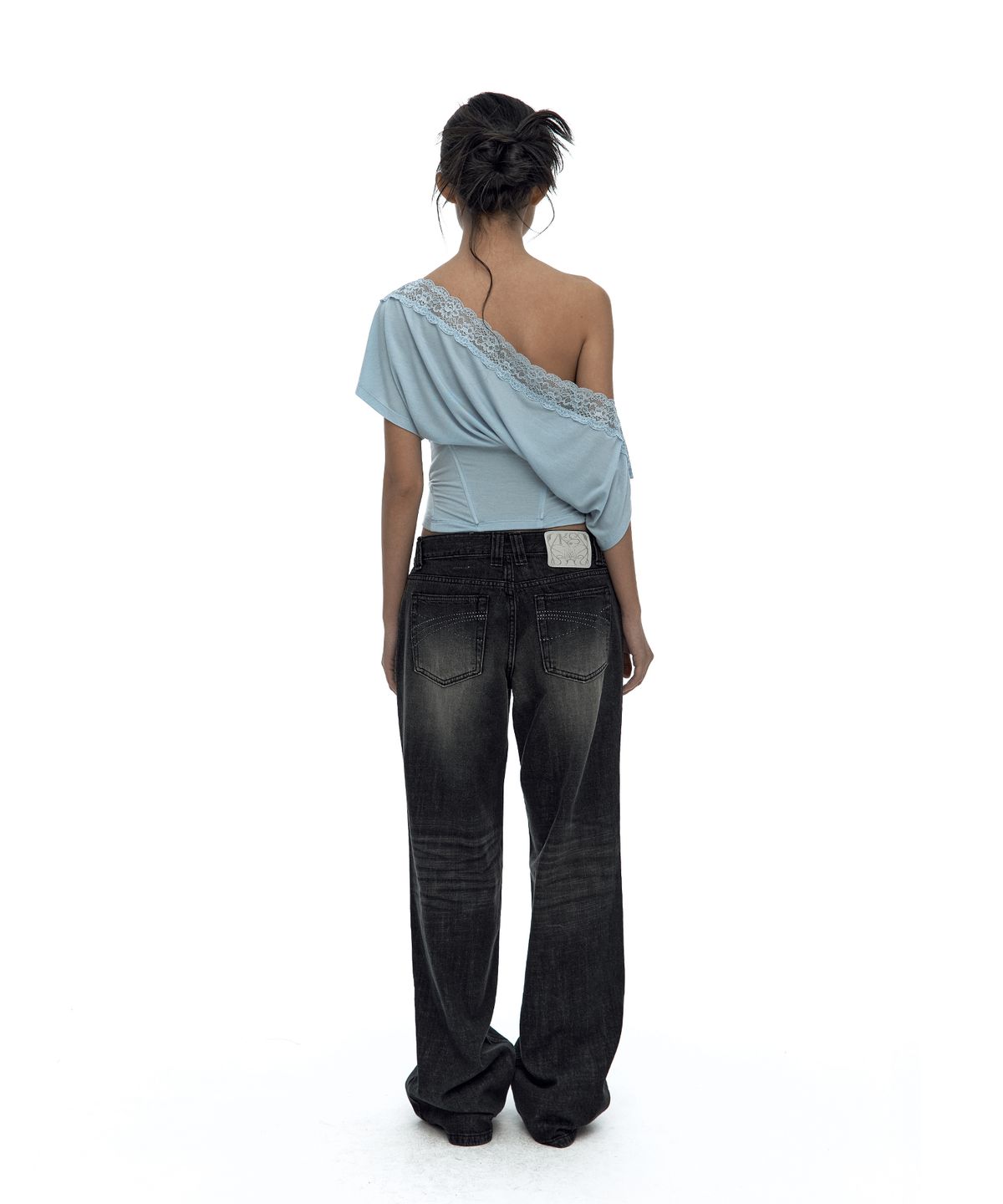 카시코(KASHIKO) Lace One Shoulder Corset Tee Sky Blue