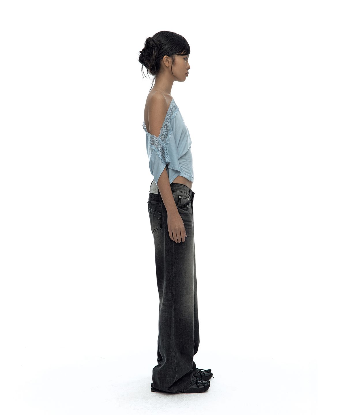 카시코(KASHIKO) Lace One Shoulder Corset Tee Sky Blue