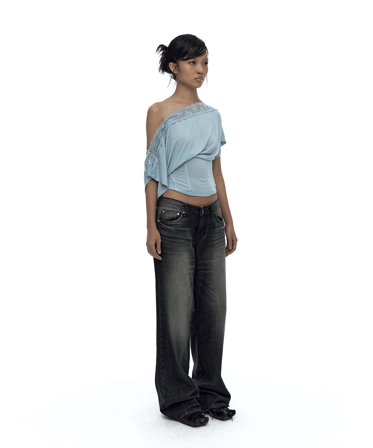 카시코(KASHIKO) Lace One Shoulder Corset Tee Sky Blue