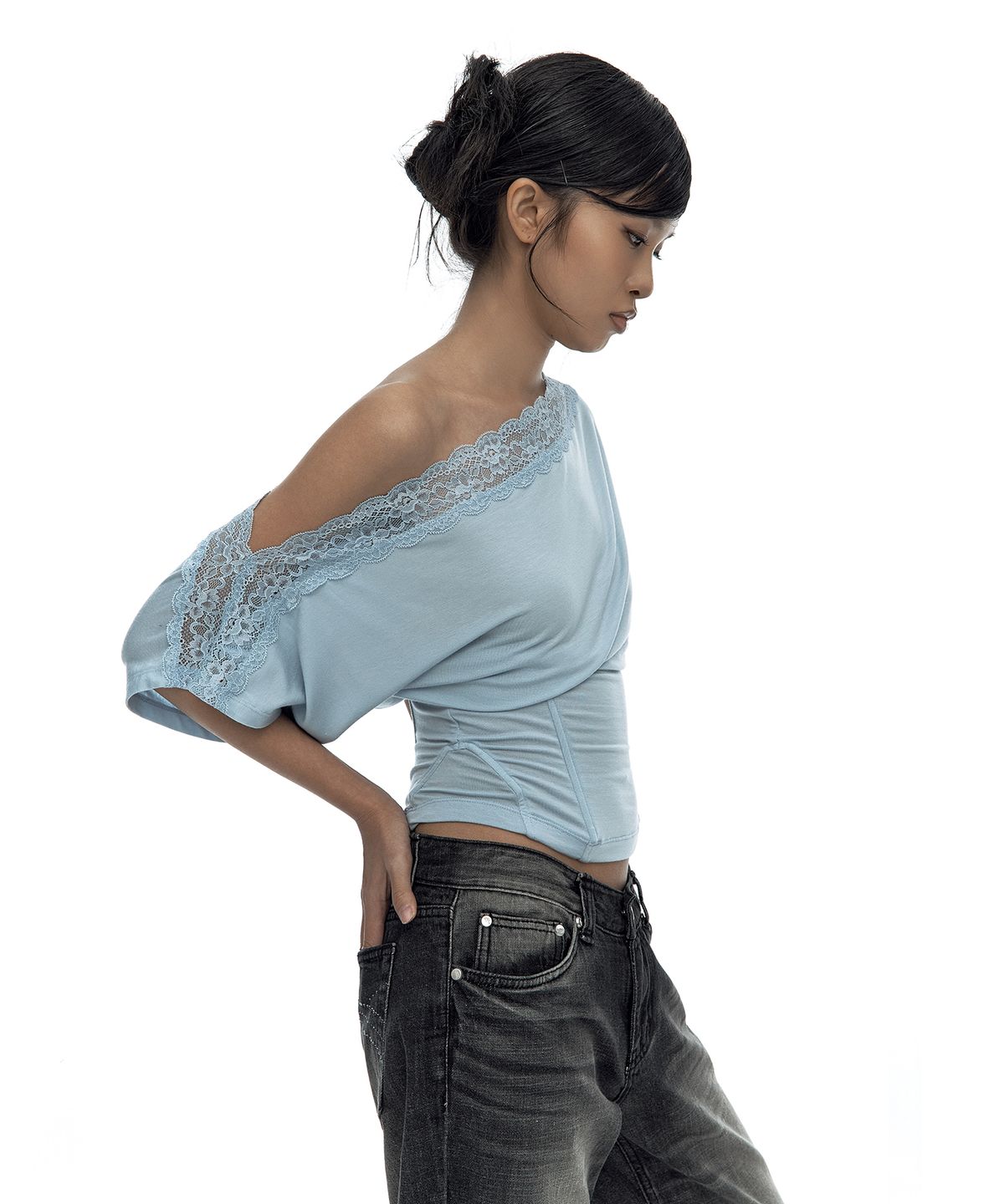 카시코(KASHIKO) Lace One Shoulder Corset Tee Sky Blue