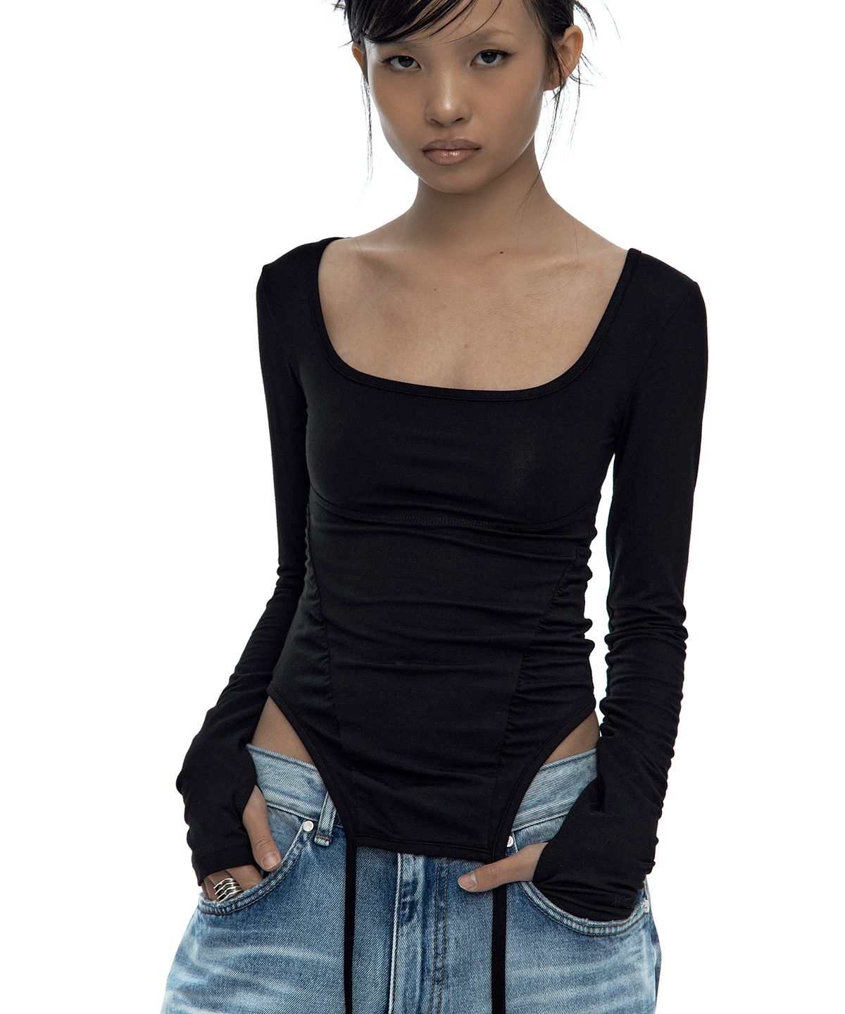 카시코(KASHIKO) Slinky Shirring Bodysuit Black
