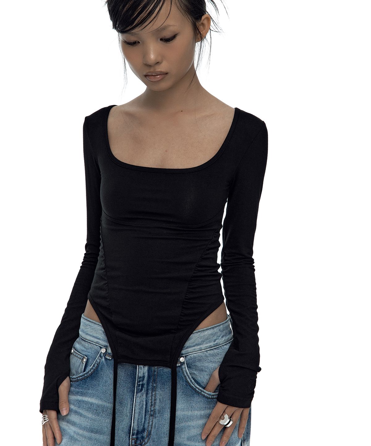 카시코(KASHIKO) Slinky Shirring Bodysuit Black