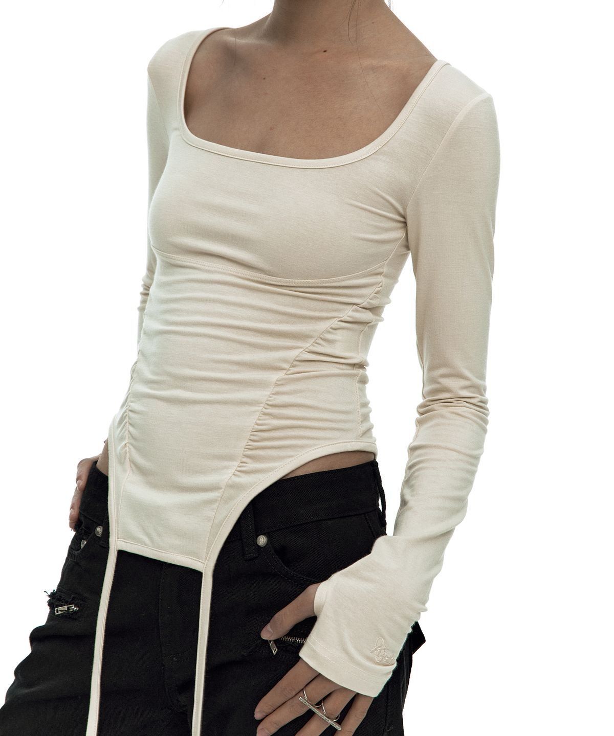 카시코(KASHIKO) Slinky Shirring Bodysuit Beige