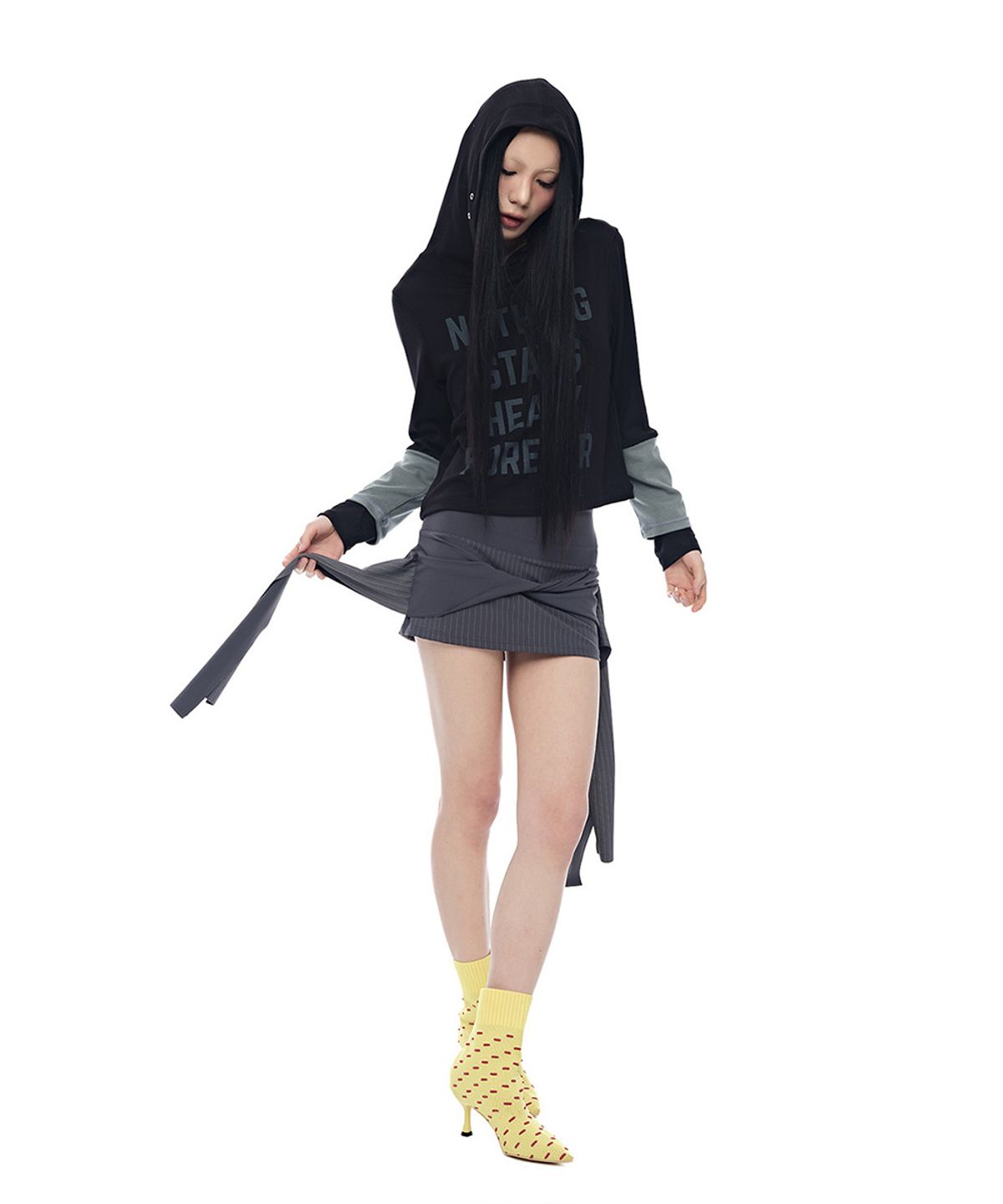 하프데빌어스(HALF DEVIL US) 레이어드 슬리브 슬림핏 후드_블랙