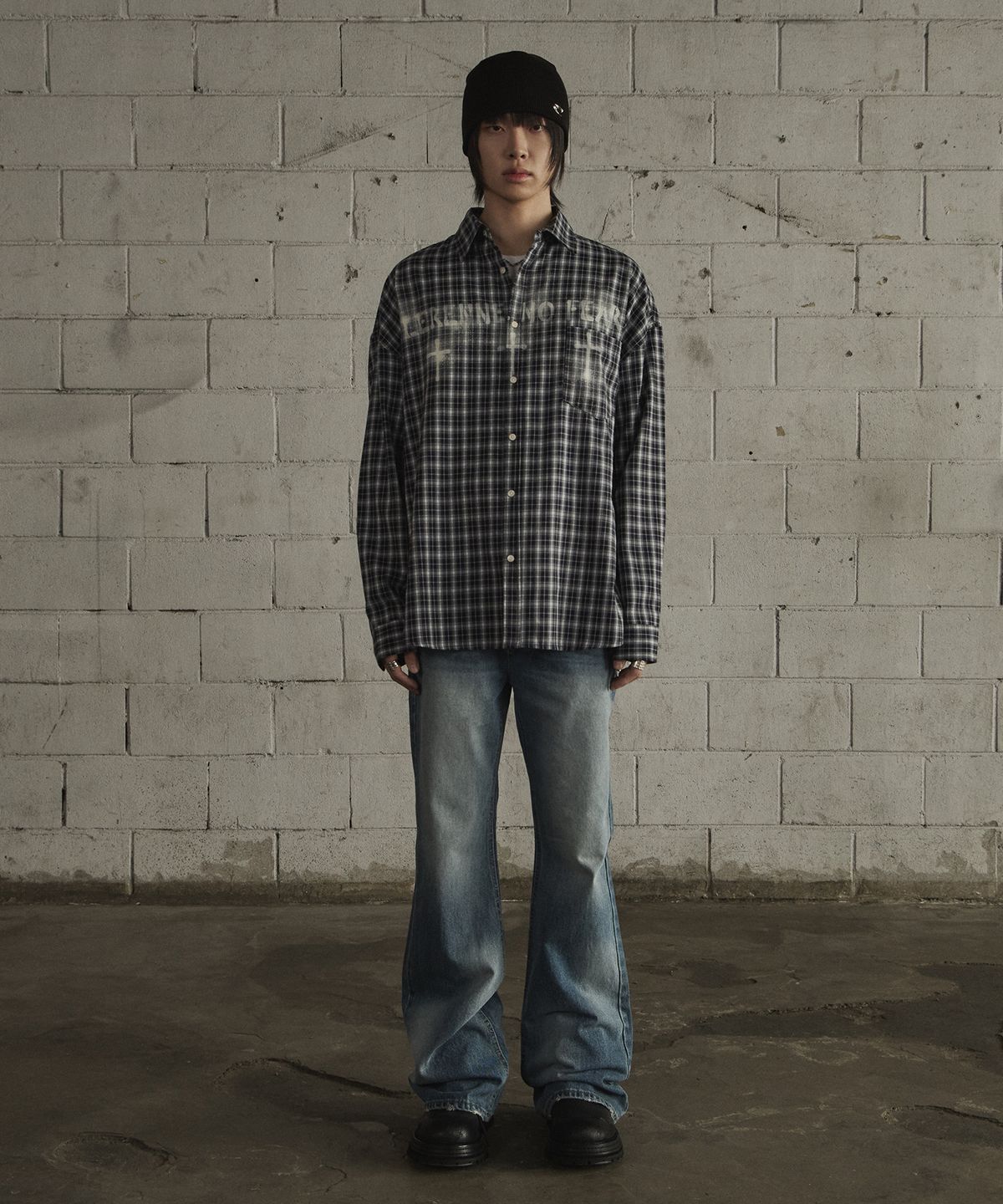르렌느(LERENNE) Overfit Spray Check Shirt - Navy