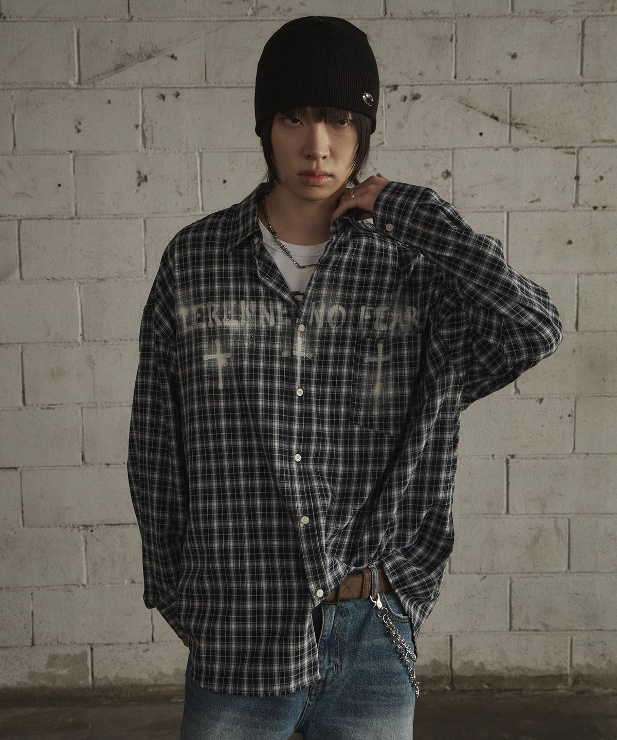 르렌느(LERENNE) Overfit Spray Check Shirt - Navy