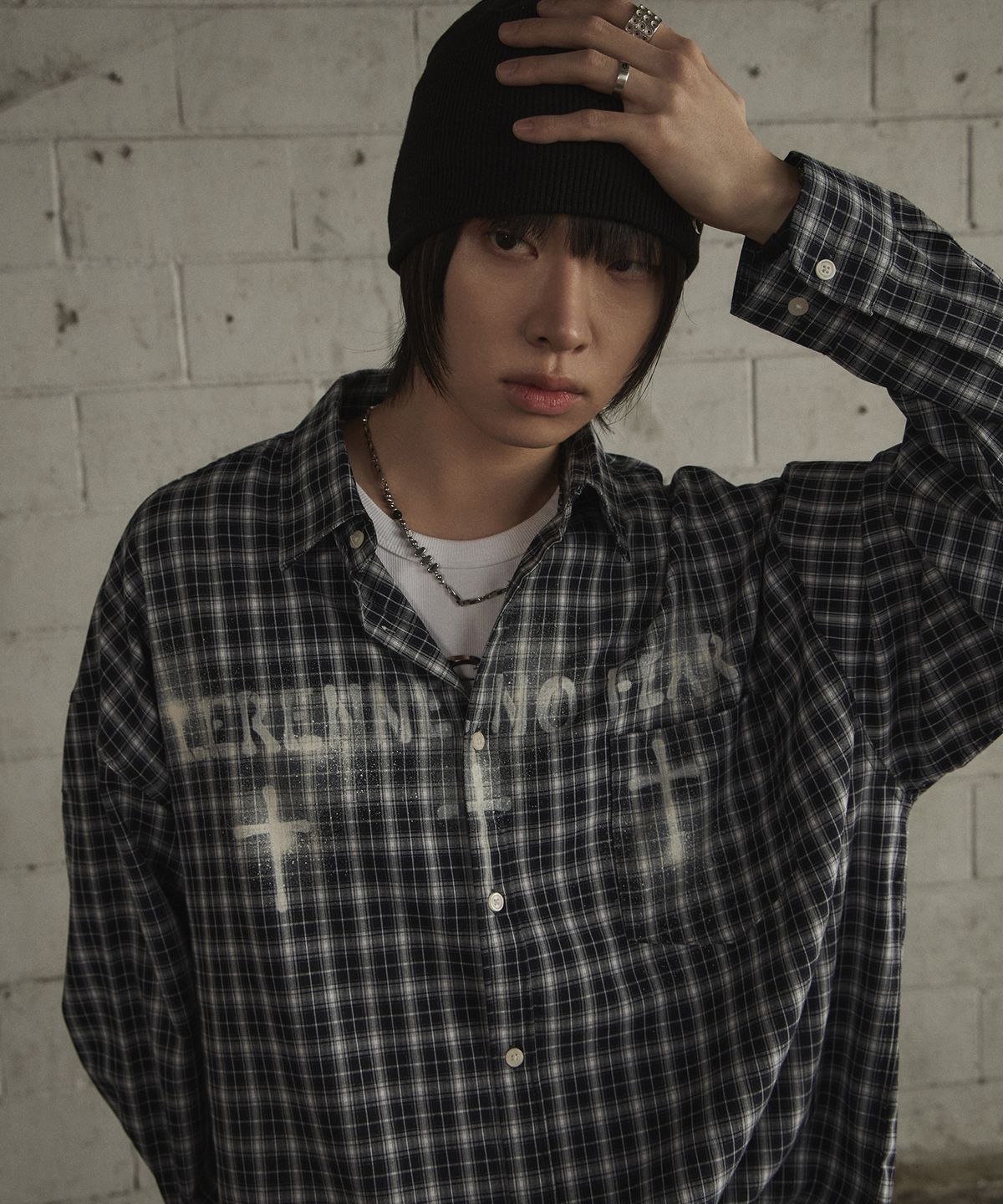 르렌느(LERENNE) Overfit Spray Check Shirt - Navy