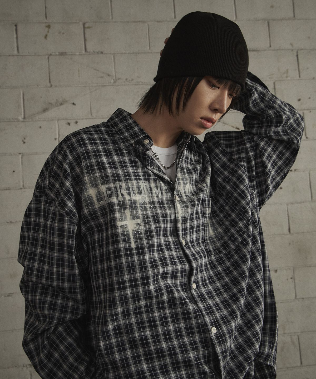 르렌느(LERENNE) Overfit Spray Check Shirt - Navy