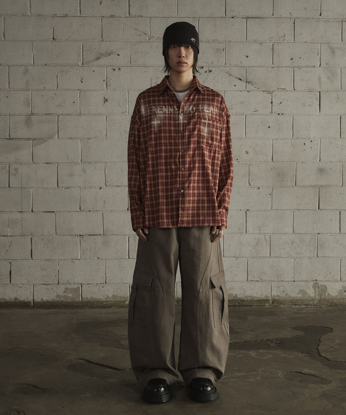 르렌느(LERENNE) Overfit Spray Check Shirt - Brick