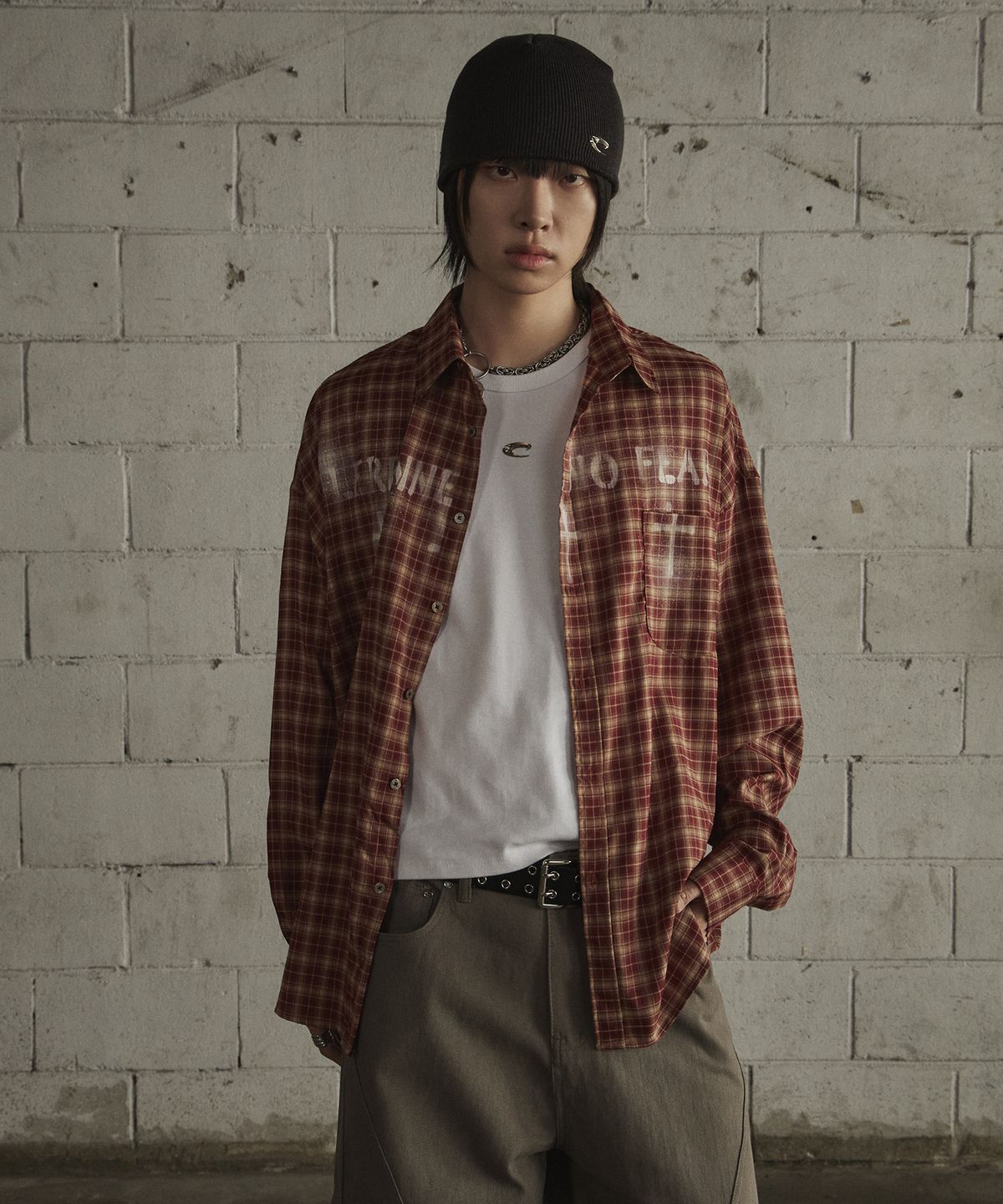 르렌느(LERENNE) Overfit Spray Check Shirt - Brick