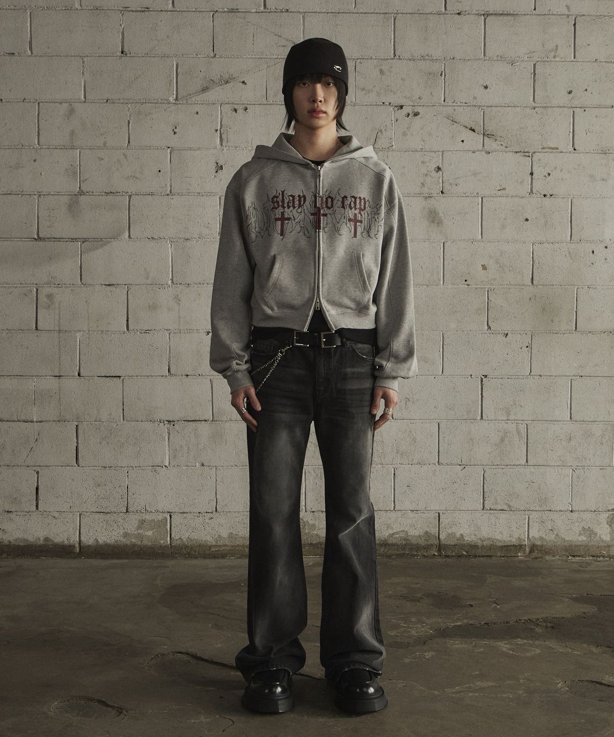 르렌느(LERENNE) Cross Crop Hood Zip-Up - Grey