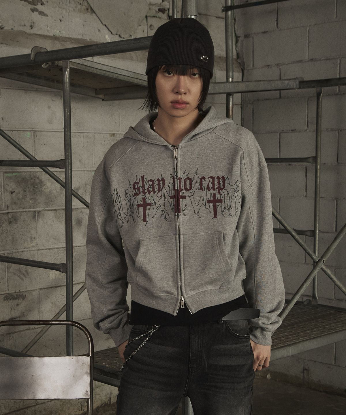 르렌느(LERENNE) Cross Crop Hood Zip-Up - Grey
