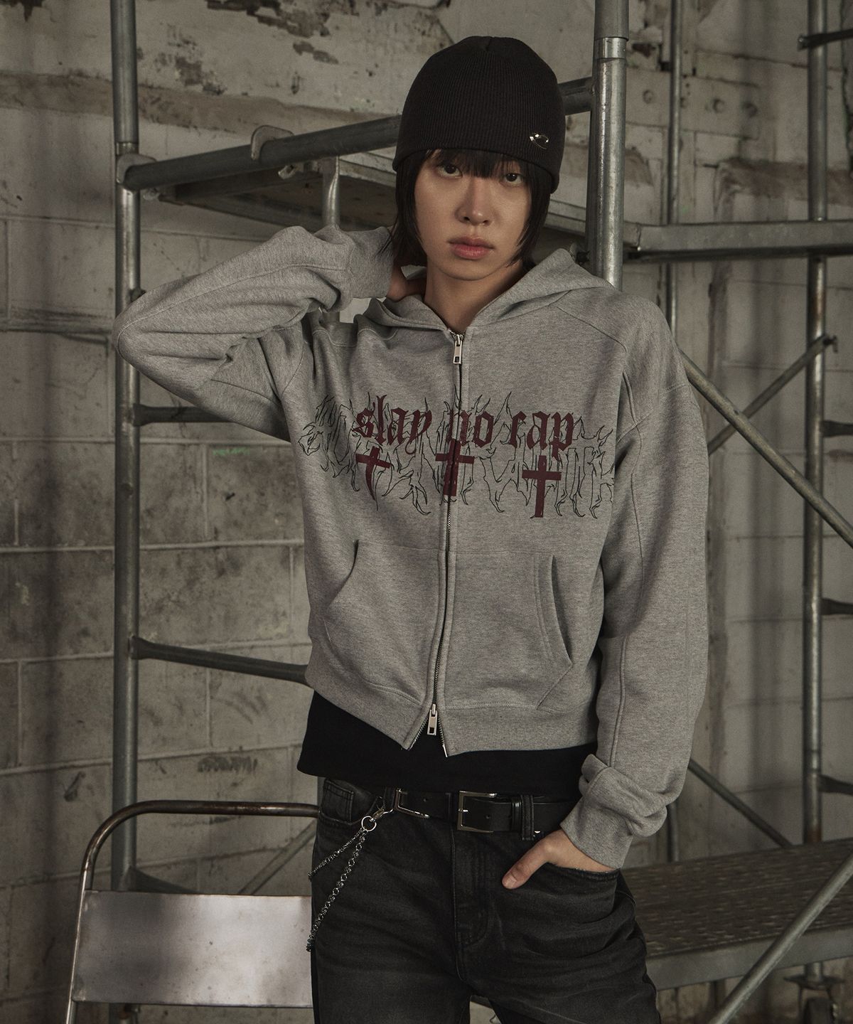 르렌느(LERENNE) Cross Crop Hood Zip-Up - Grey