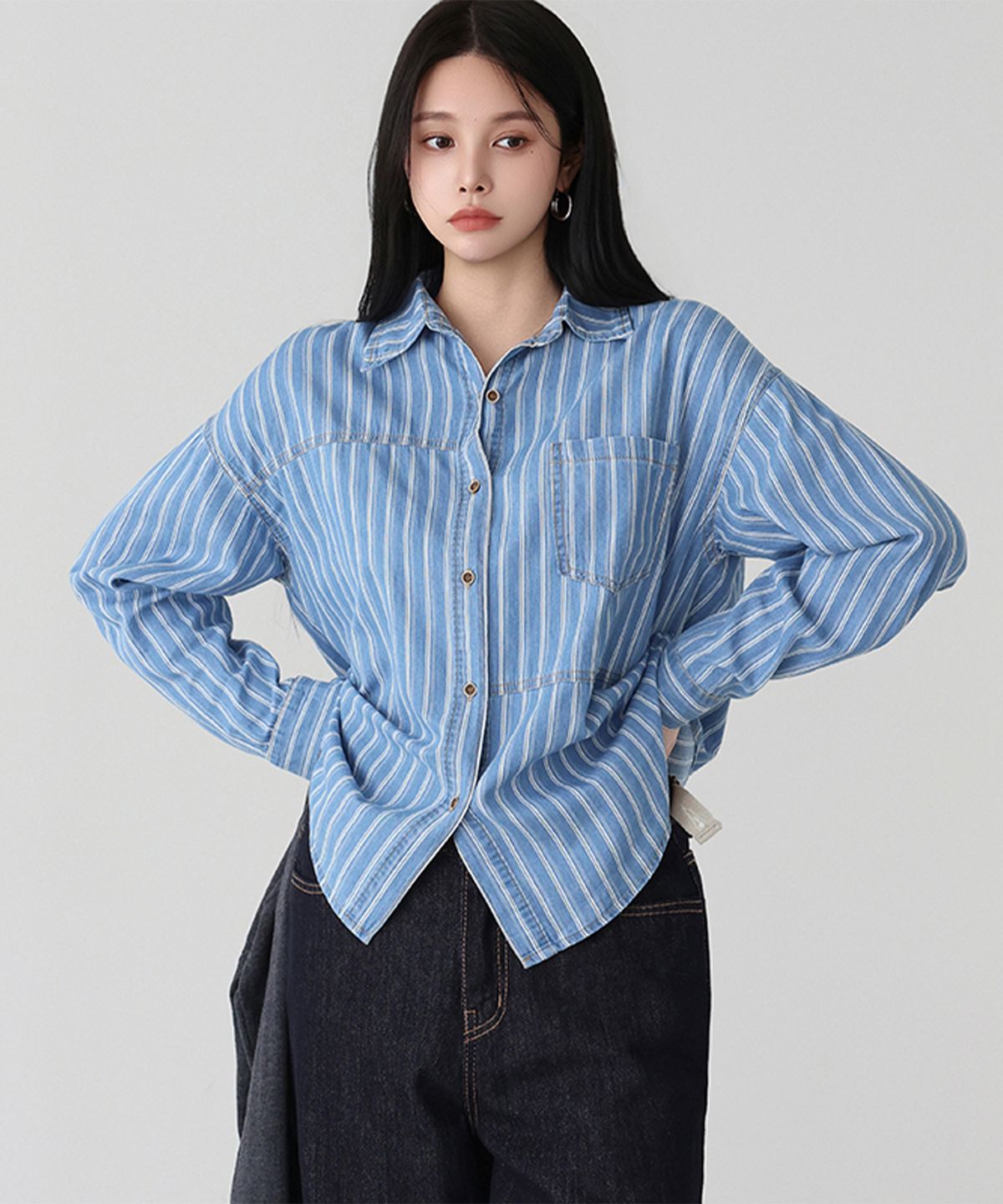 메르시마리에(MERCI MARIE) 스트라이프 포켓 트렌디 셔츠 49855