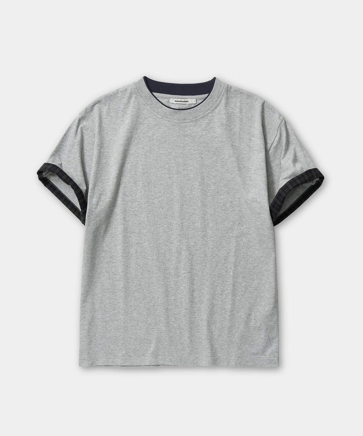 엑스컨테이너(EXCONTAINER) 체크 레이어드 크롭 하프 티셔츠 (MELANGE GREY)